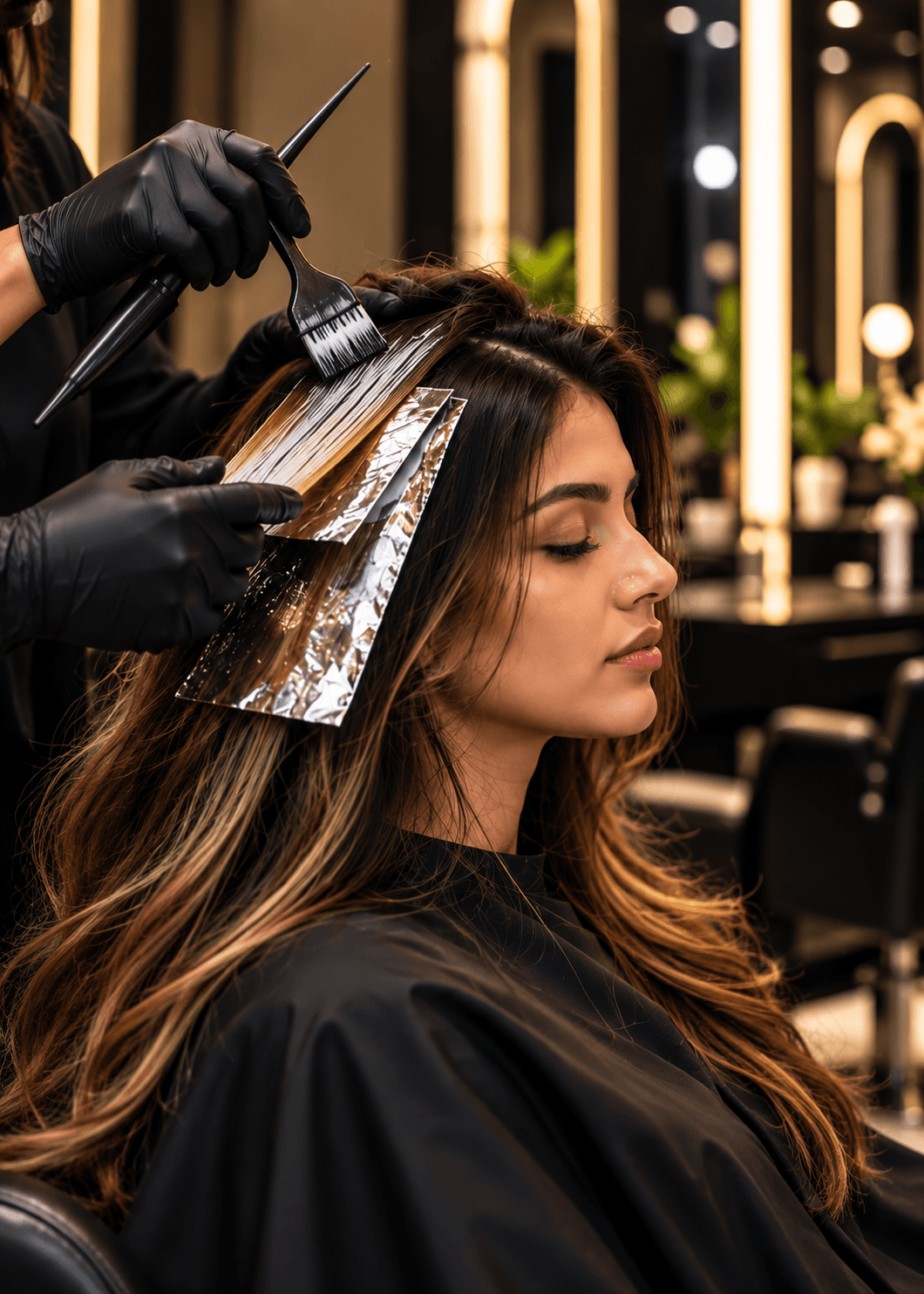 Foil highlights being worked into long hair at THE ASH