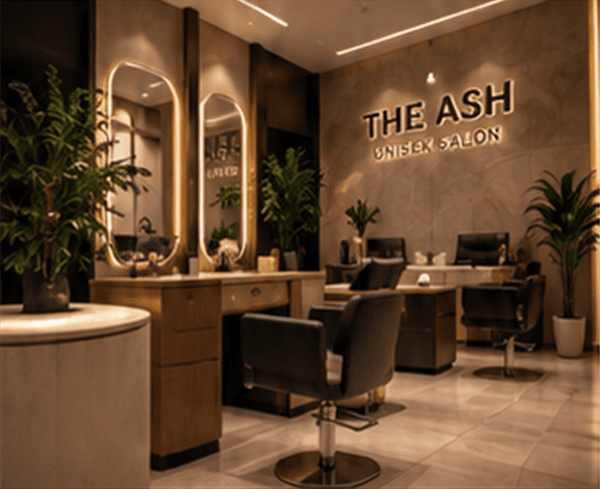 The warm THE ASH Unisex Salon interior with mirrors and styling chairs